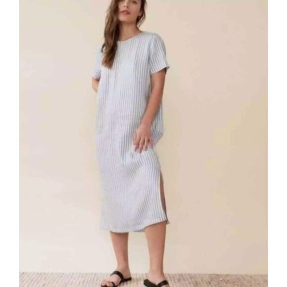 Jenni Kayne Blue White Stripe Linen Midi Dress with Belt Size S Minimalist - Picture 1 of 7